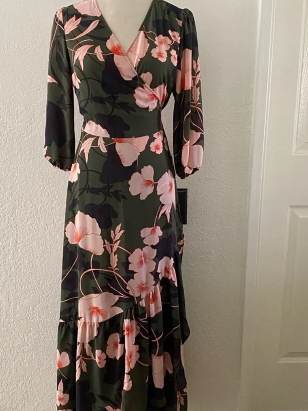 Bar III Olive Maxi Dress with Pink Floral Print